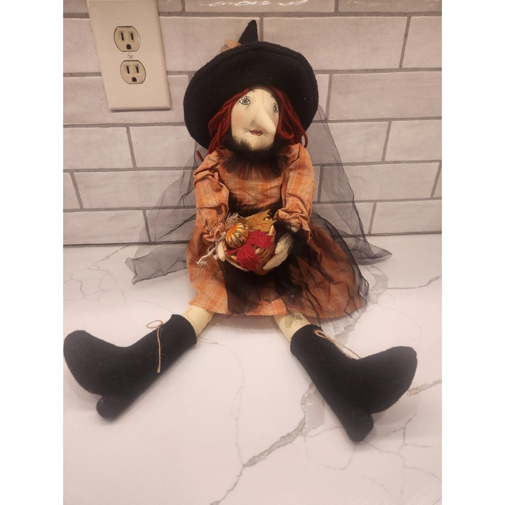 Vintage‎ Delton Hand-Painted Cloth Face Halloween Witch Shelf Sitter Plush 24"